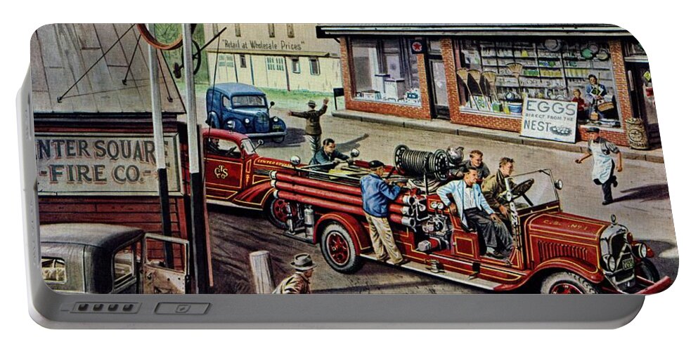 Alarms Portable Battery Charger featuring the drawing Small Town Fire Company by Stevan Dohanos