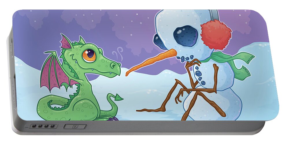 Cartoon Portable Battery Charger featuring the digital art Snowman and Dragon by John Schwegel