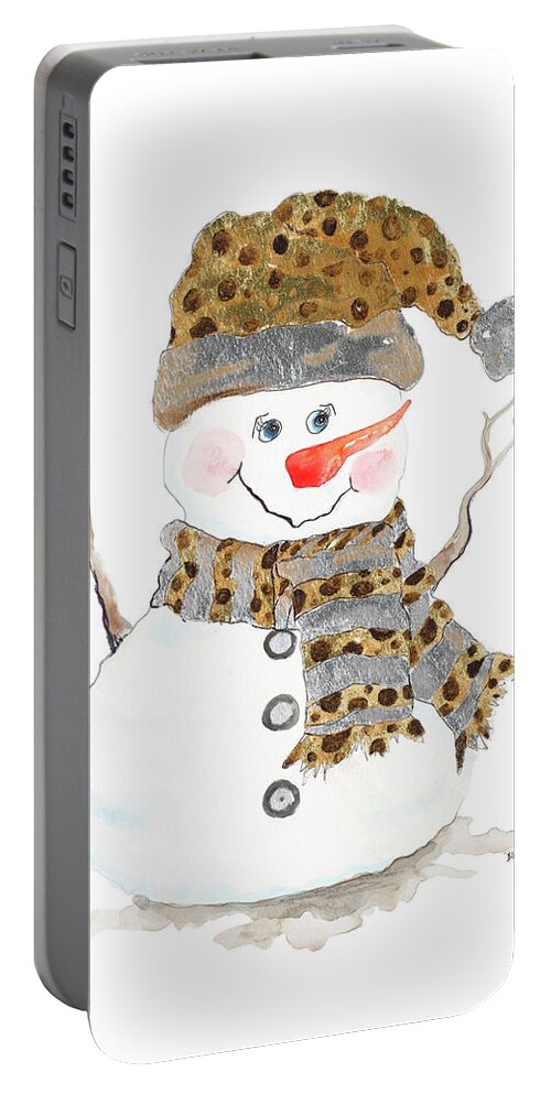 Snowman Portable Battery Charger featuring the painting Snowman With Dots by Patricia Pinto
