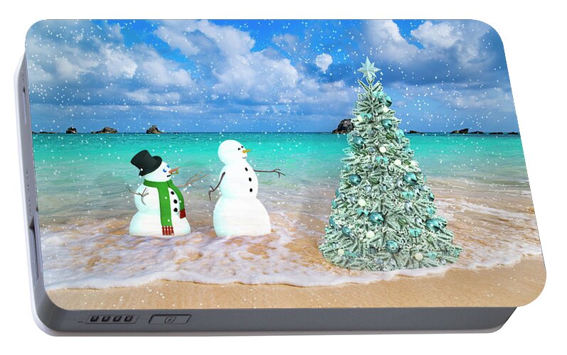 Bermuda Portable Battery Charger featuring the digital art Snowy Couple on Christmas Tree Beach by Betsy Knapp