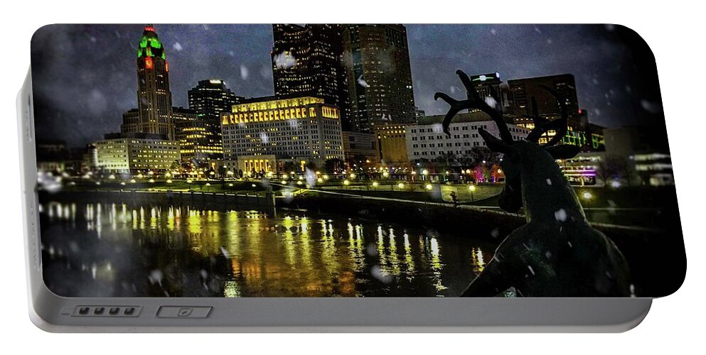 Columbus Portable Battery Charger featuring the digital art Snowy Deer on Bridge IMG_4143 V1 by Michael Thomas