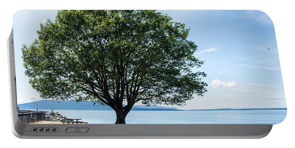Solitary Picnic Table And Dappled Shade Portable Battery Charger featuring the photograph Solitary Picnic Table and Dappled Shade by Tom Cochran