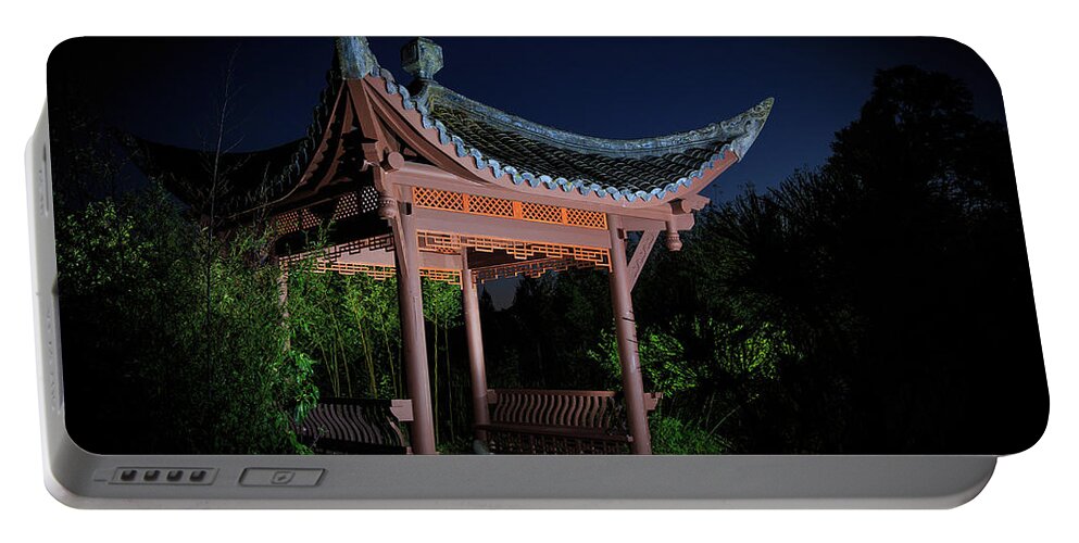 Seattle Chinese Garden Portable Battery Charger featuring the photograph Song Mei Ting at Twilight by Briand Sanderson