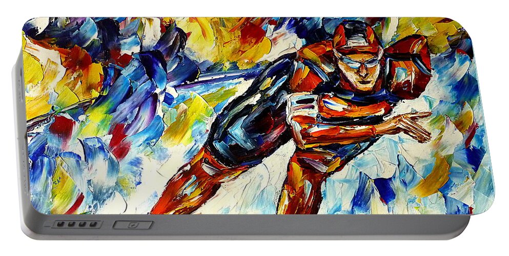 I Love Speed Skating Portable Battery Charger featuring the painting Speed Skater by Mirek Kuzniar