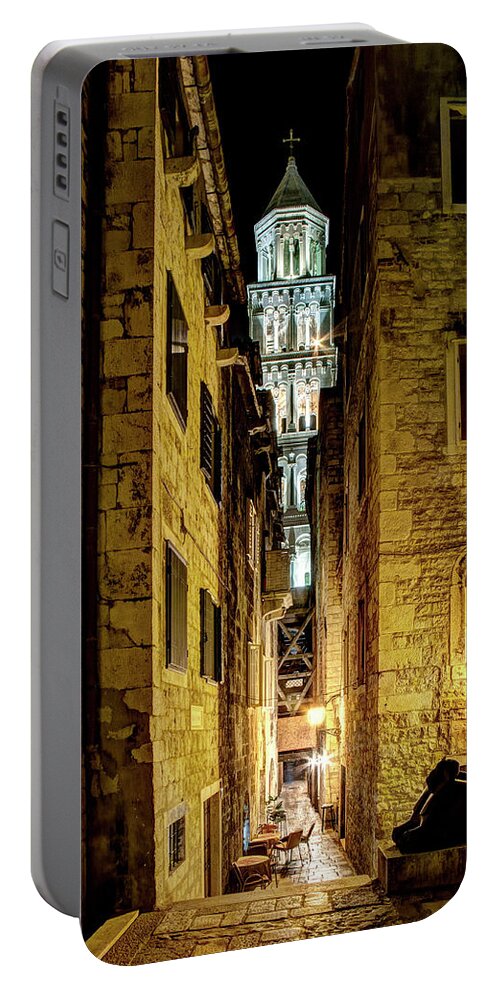 Split Cathedral Portable Battery Charger featuring the photograph Split Cathedral from the temple of Jupiter at night Croatia by Weston Westmoreland