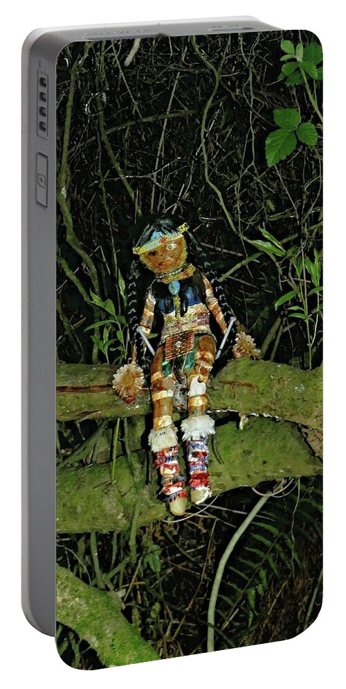 Doll Portable Battery Charger featuring the photograph Spooky doll in forest by Martin Smith