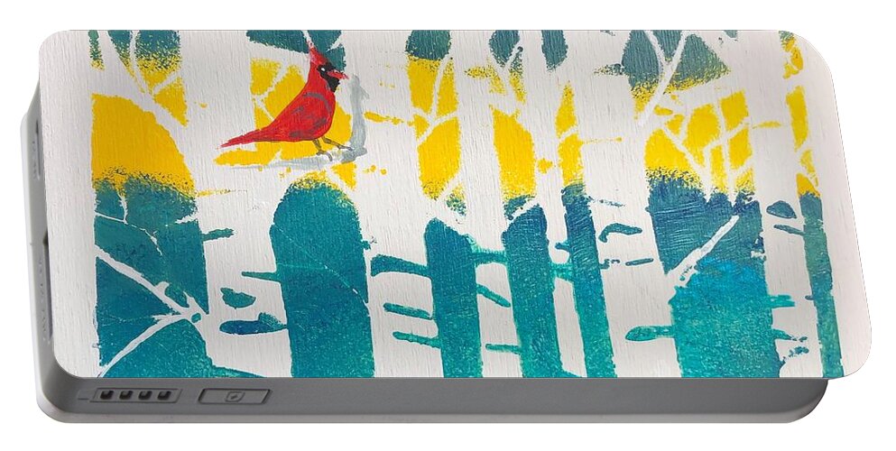 Cardinal Portable Battery Charger featuring the mixed media Spring Cardinal with Birch Trees by Monika Shepherdson