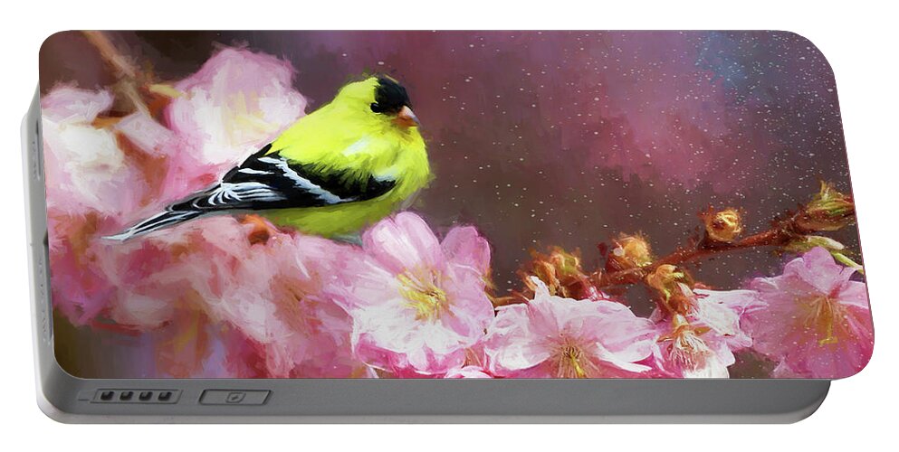Goldfinch Portable Battery Charger featuring the painting Spring Goldfinch by Tina LeCour