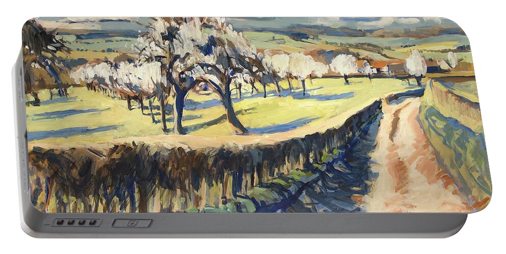 Bellet Portable Battery Charger featuring the painting Spring in the Bellet fruit orchard by Nop Briex