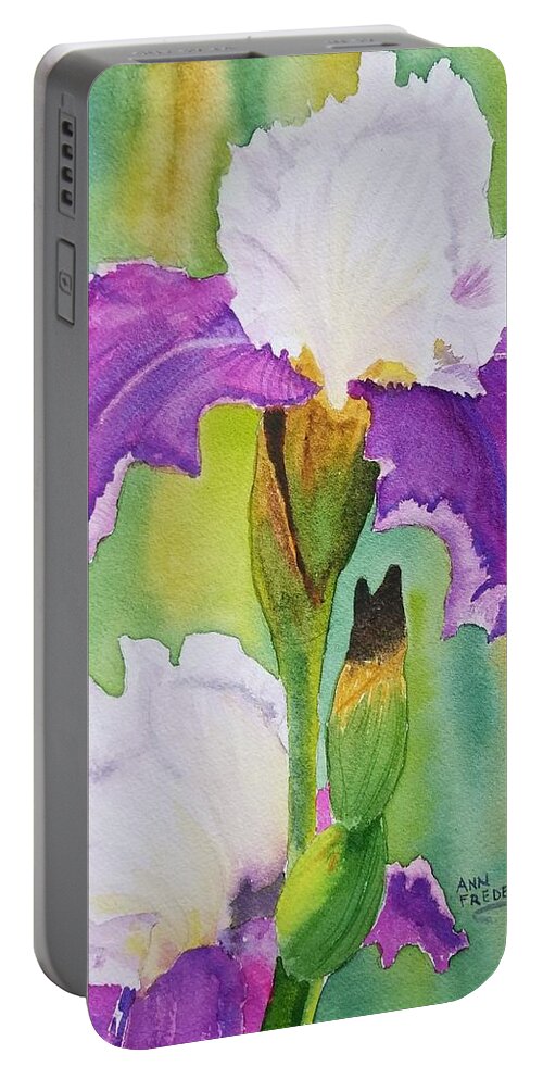 Iris Portable Battery Charger featuring the painting Spring Iris by Ann Frederick