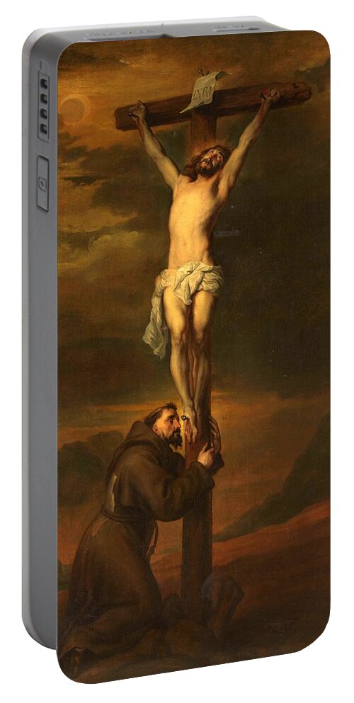 Christ Portable Battery Charger featuring the painting St Francis at the Foot of the Cross by Vincent Monozlay