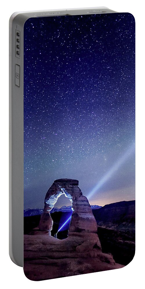 Olena Art Starry Night Pointer At Delicate Arch Moab National Park Portable Battery Charger featuring the digital art Starry Night Pointer at Delicate Arch Moab National Park by OLena Art