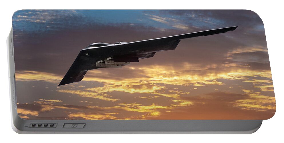 U.s. Air Force B-2 Stealth Bomber Portable Battery Charger featuring the mixed media Stealth Bomber in Sunset by Erik Simonsen