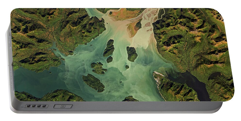 Satellite Image Portable Battery Charger featuring the digital art Stikine river estuary, Alaska from space by Christian Pauschert