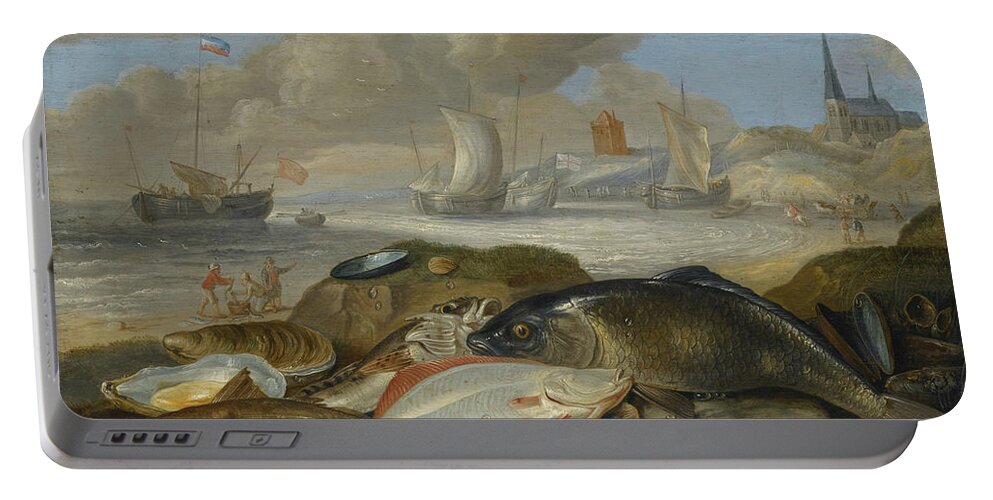 17th Century Art Portable Battery Charger featuring the painting Still Life of Fish in a Harbor Landscape, Possibly an Allegory of the Element of Water by Jan van Kessel the Elder