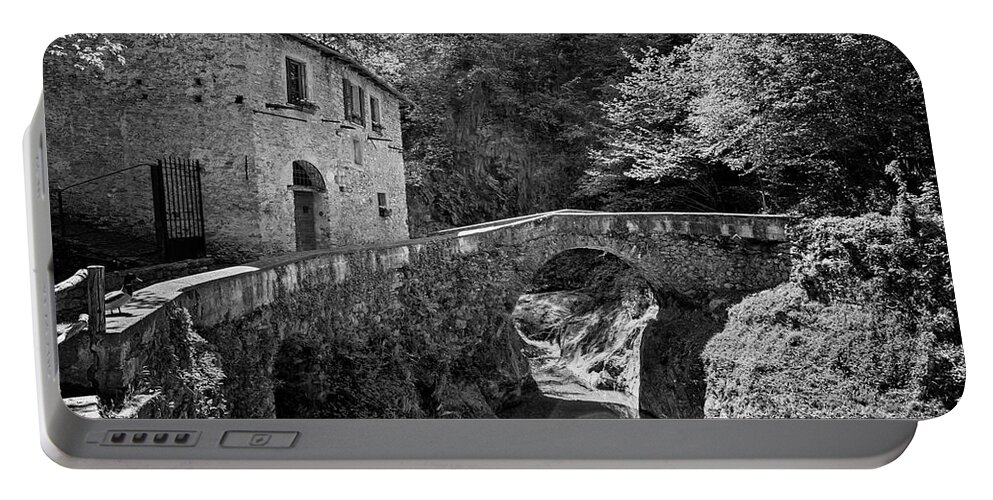 Joan Carroll Portable Battery Charger featuring the photograph Stone House And Bridge Lake Como Italy BW by Joan Carroll