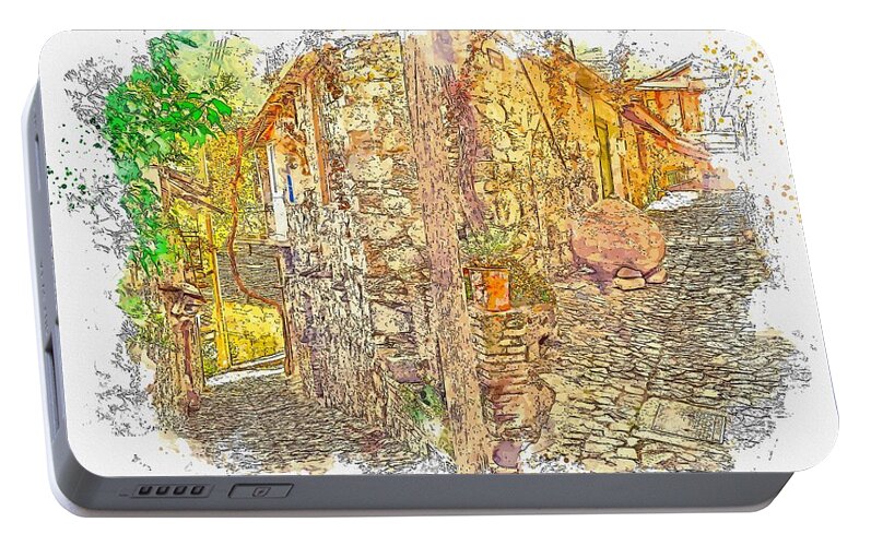 Nature Portable Battery Charger featuring the painting Stone Village street watercolor by Ahmet Asar by Celestial Images