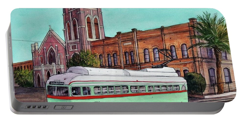 Acrylic Portable Battery Charger featuring the painting Streetcar and Sacred Heart by Candy Mayer