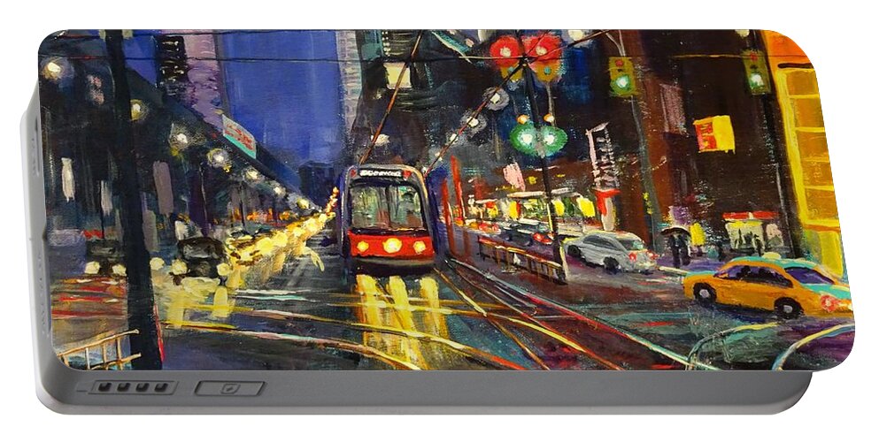 Streetcar Portable Battery Charger featuring the painting Streetcar Crossroads by Brent Arlitt