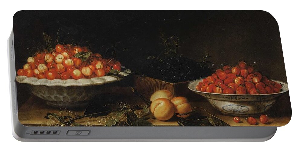 Flower Portable Battery Charger featuring the painting Studio of Francois Garnier Paris 1600 - 1672 STILL LIFE WITH A BOWL OF CHERRIES by MotionAge Designs
