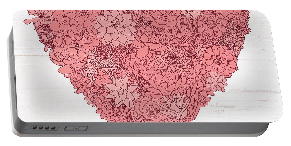 Succulents Portable Battery Charger featuring the painting Pink Succulent Heart White Background by Jen Montgomery