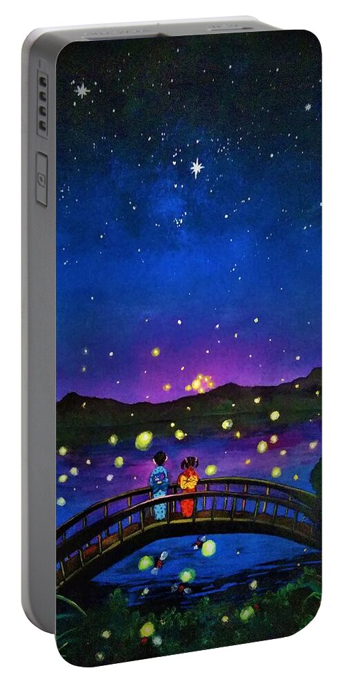 Summer Portable Battery Charger featuring the painting Summer fireflies night lights by Tara Krishna