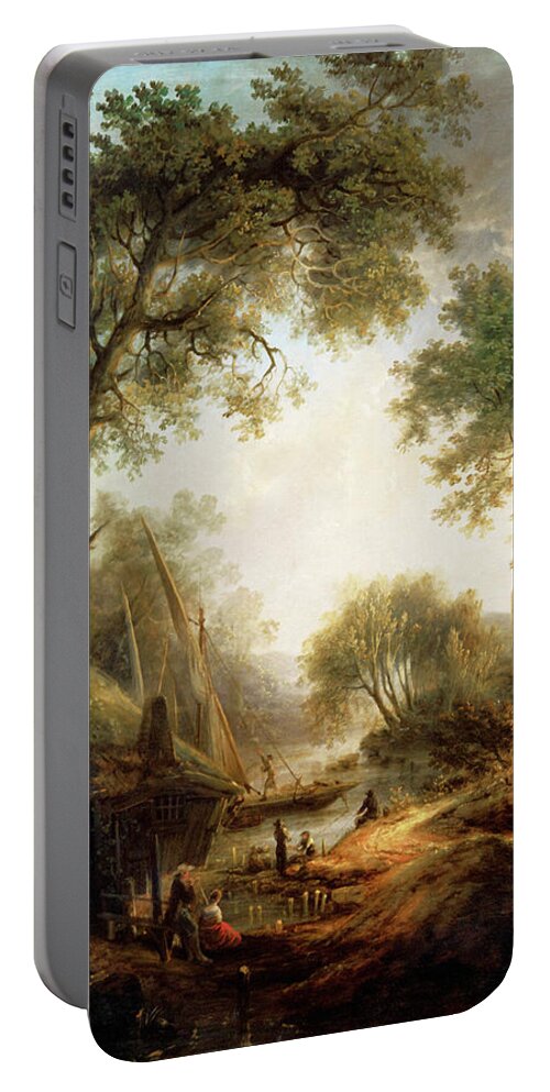 Summer Landscape Portable Battery Charger featuring the painting Summer Landscape with Water and Tall Trees by Elias Martin by Rolando Burbon
