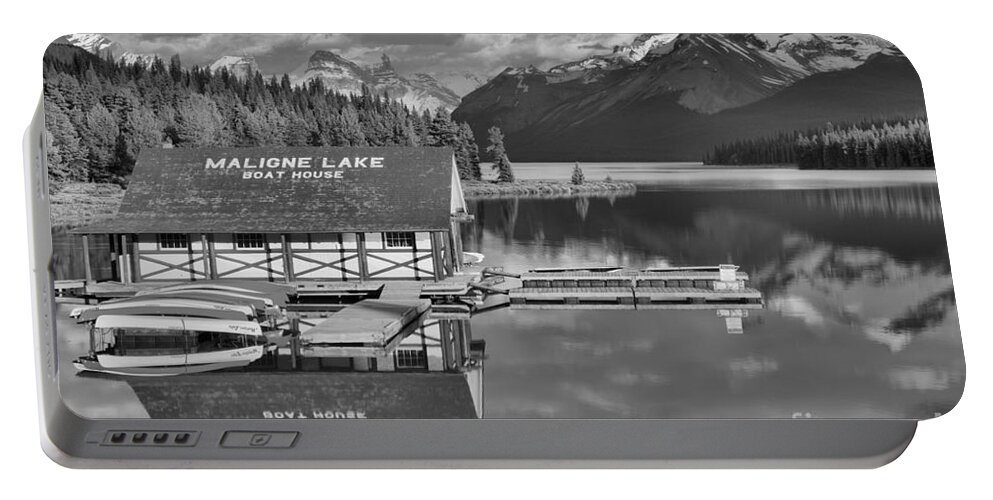 Maligne Portable Battery Charger featuring the photograph Summer Reflections On Maligne Lake Black And White by Adam Jewell
