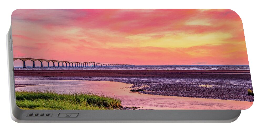 Pei Portable Battery Charger featuring the photograph Summer Sunset at Confederation Bridge, Painterly by Marcy Wielfaert