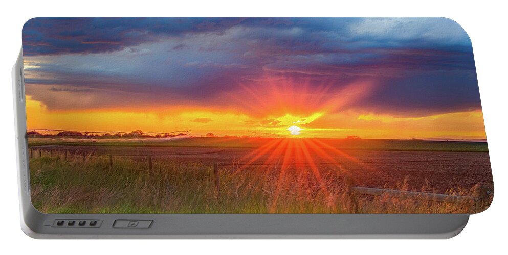 Sunset Portable Battery Charger featuring the photograph Summer Sunset on the Farm by Marcy Wielfaert