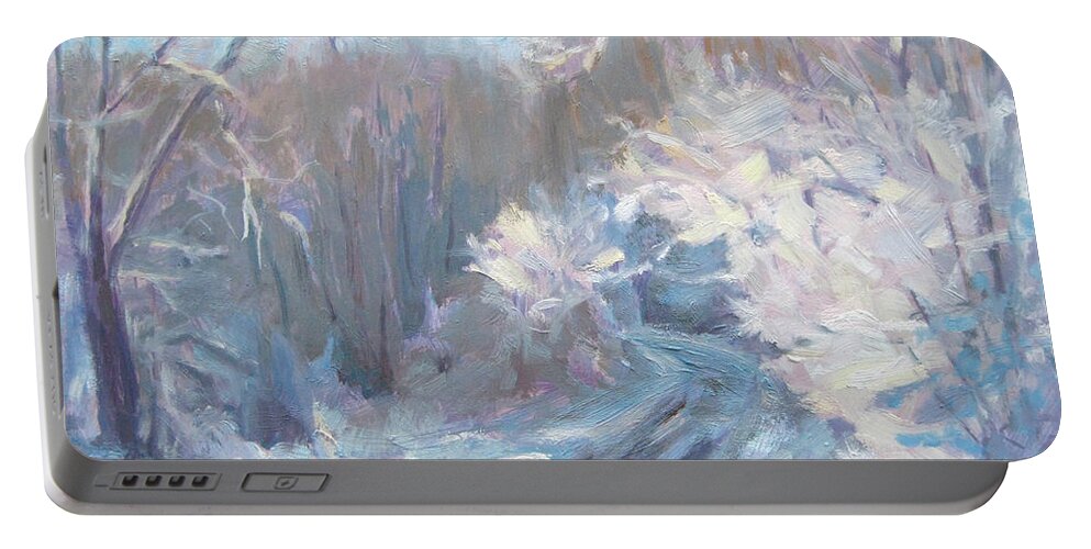 Scene Portable Battery Charger featuring the painting Sun and Snow by Robie Benve