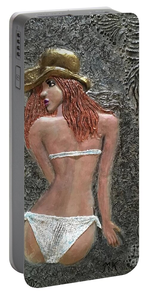 Clay Relief On Canvas Portable Battery Charger featuring the sculpture Sunbathing by Maria Karlosak