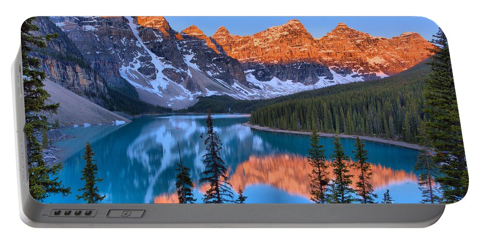 Moraine Lake Portable Battery Charger featuring the photograph Sunrise Spectacular At Moraine Lake 2019 by Adam Jewell