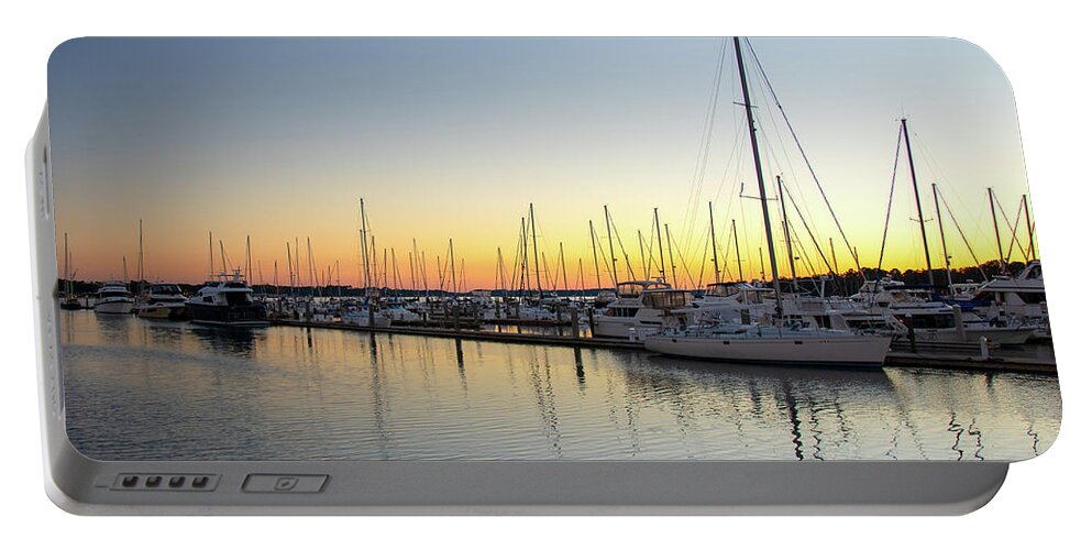 Sunset Portable Battery Charger featuring the photograph Sunset and Sailboats at Skull Creek Marina by Dennis Schmidt