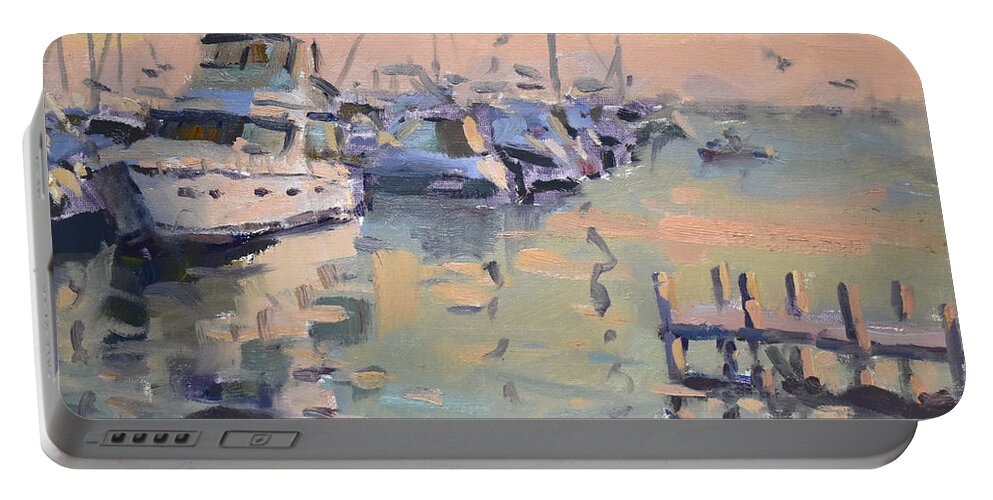 Boats Portable Battery Charger featuring the painting Sunset at Buffalo Harbor by Ylli Haruni