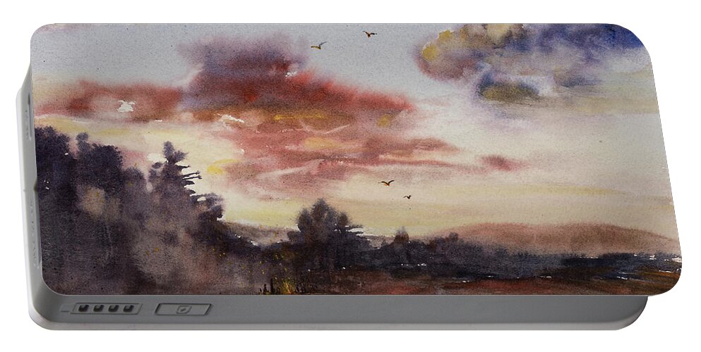 Watercolor Portable Battery Charger featuring the painting Sunset Bonfire by Judith Levins