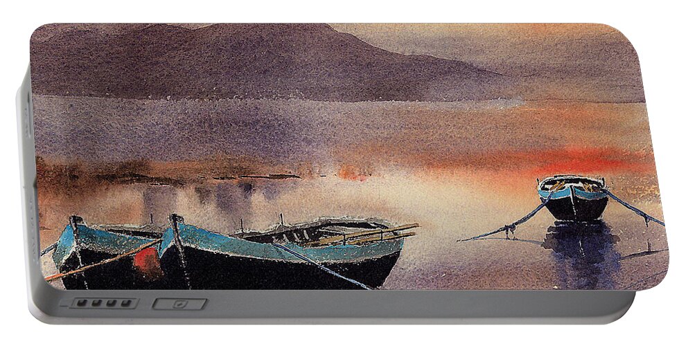 Sunset Portable Battery Charger featuring the painting Sunset from Roundstone, Galway by Val Byrne