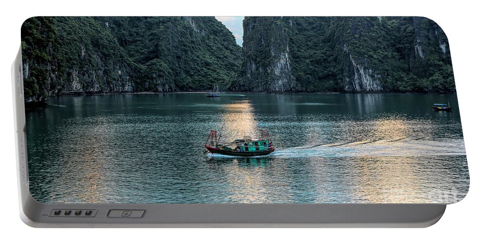 Vietnam Portable Battery Charger featuring the photograph Sunset Ha Long Bay Vietnam Fishing Boat by Chuck Kuhn
