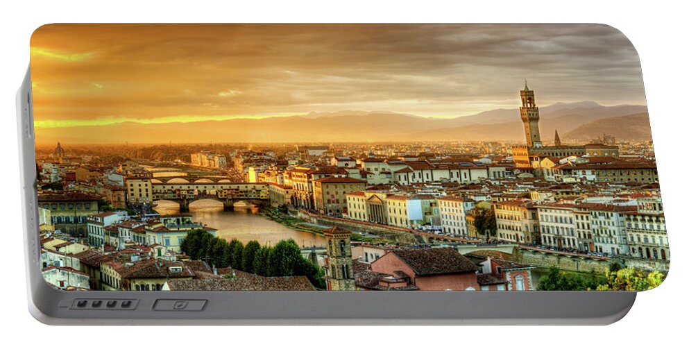 Florence Portable Battery Charger featuring the photograph Sunset in Florence duet 1 - Ponte Vecchio and Palazzo Vecchio by Weston Westmoreland