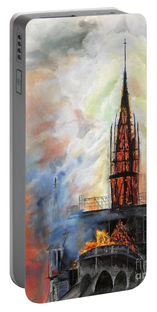 Notre Dame Portable Battery Charger featuring the painting Sunset on Notre Dame by Kate Conaboy