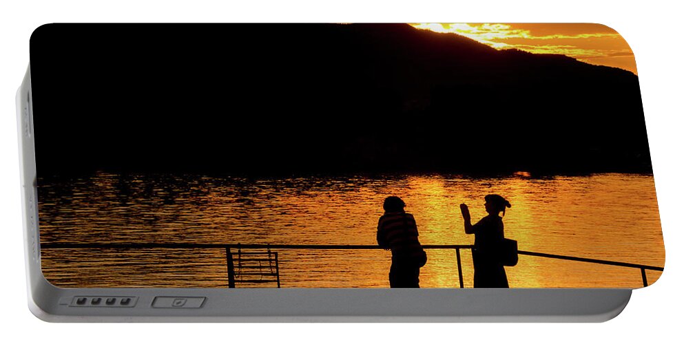 Sunset Along The Danube River Just North Of Budapest. Portable Battery Charger featuring the photograph Sunset Selfie by Tito Slack