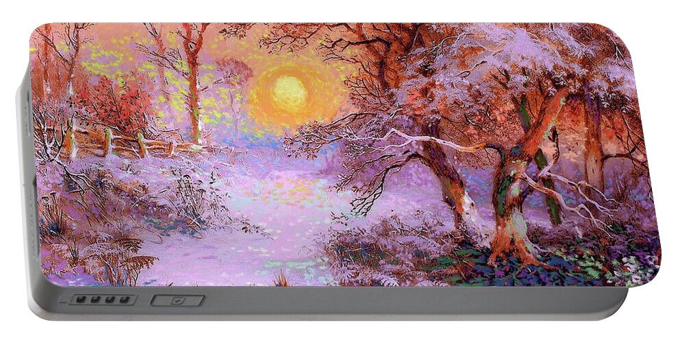 Tree Portable Battery Charger featuring the painting Sunset Snow by Jane Small