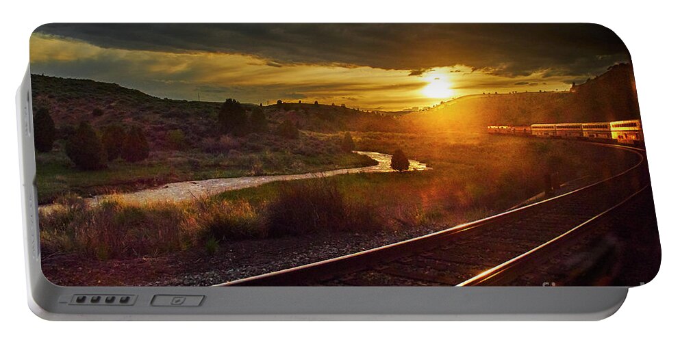 California Zephyr Portable Battery Charger featuring the photograph Sunset Train by Steve Ondrus