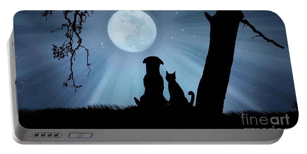 Kid's Room Portable Battery Charger featuring the photograph Super Cute Cat and Dog Watching the Moon by Stephanie Laird
