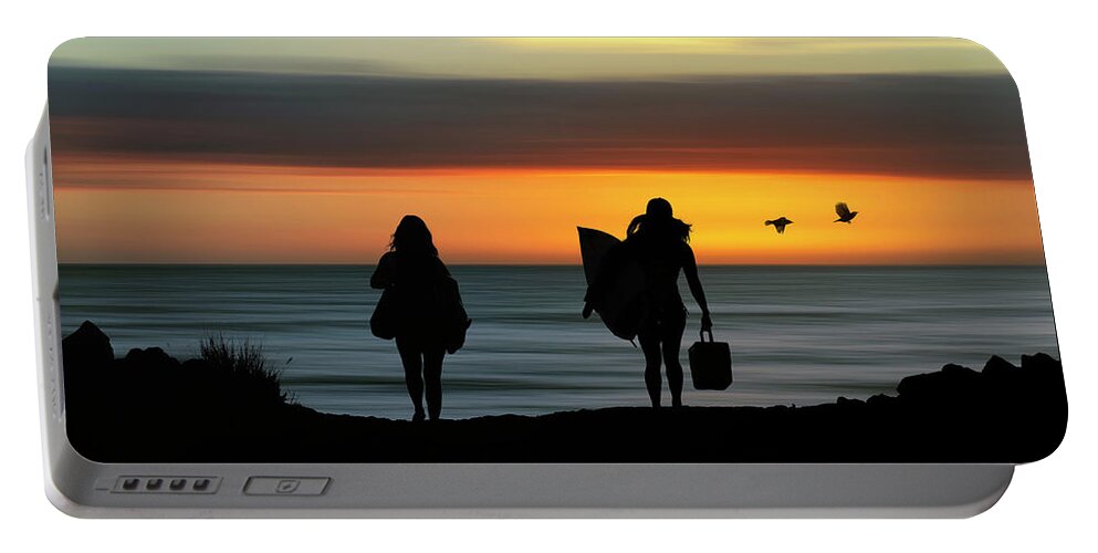 Surf Portable Battery Charger featuring the digital art Surfer Girls Silhouette by Christopher Johnson