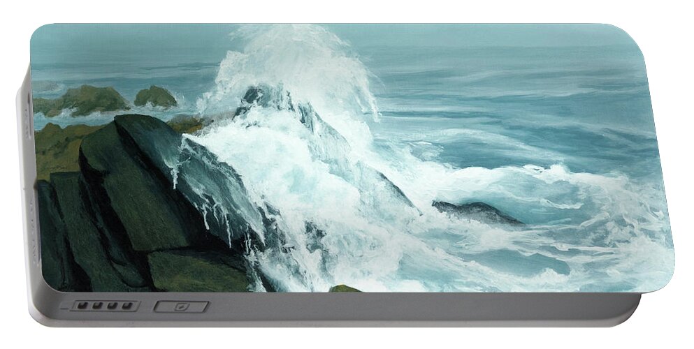 Seascape Portable Battery Charger featuring the painting Surging Waves Break on Rocks by Lynn Hansen