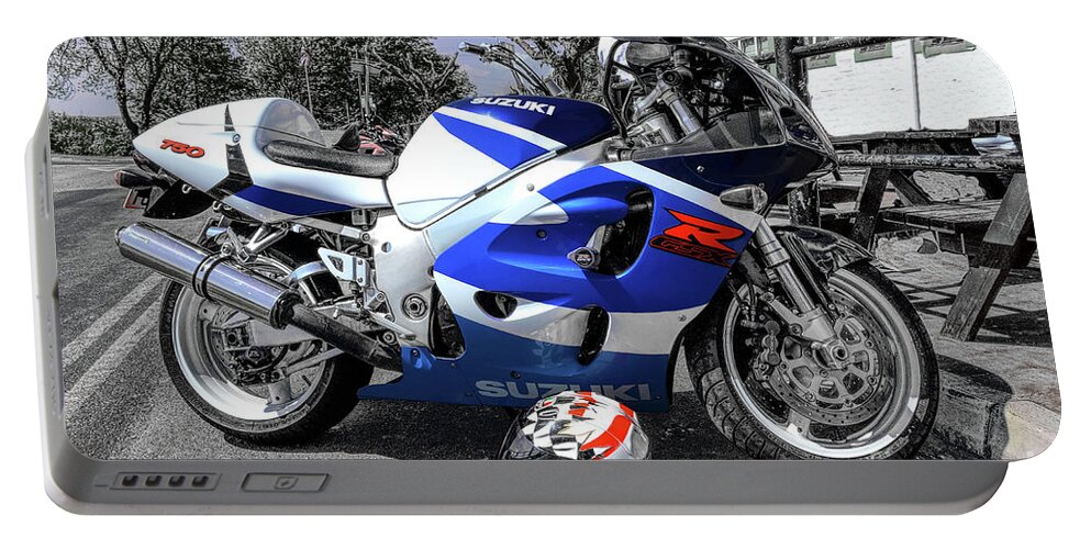 Suzuki-gsxr750 Portable Battery Charger featuring the photograph Suzuki-GSXR750 edited by Pics By Tony