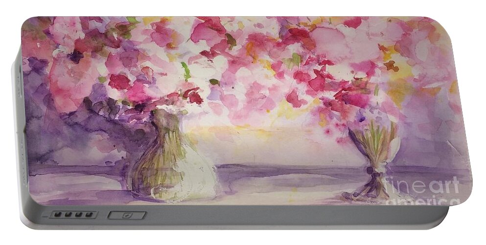 Watercolour Portable Battery Charger featuring the painting Sweet peas... Sicily by Lizzy Forrester