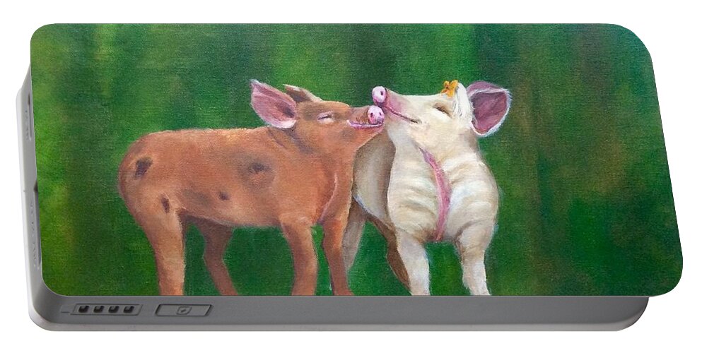 Pigs Portable Battery Charger featuring the painting Swine Snuggles by Deborah Naves
