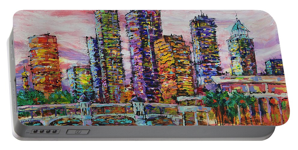  Portable Battery Charger featuring the painting Tampa skyline at Sunset by Jyotika Shroff